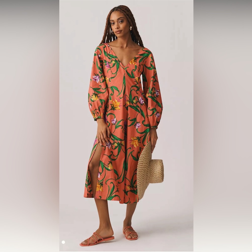 Anthropologie Coral Floral Midi Dress with Green Vine Print